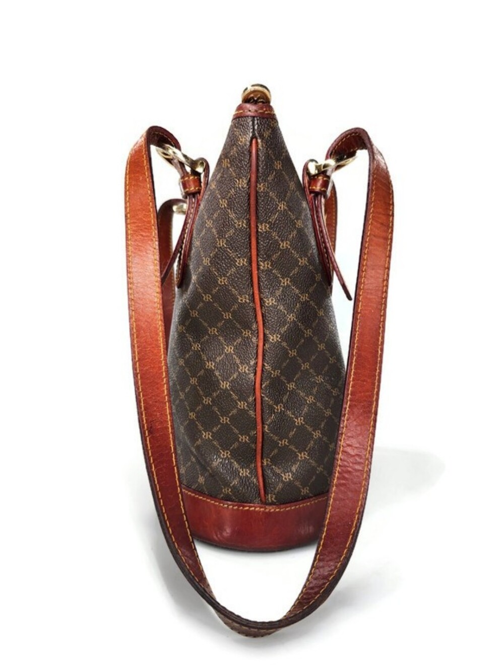 Rioni Brown Coated Canvas Gold Monogram Pattern & Leather Shoulder Bucket Bag - Picture 5 of 14